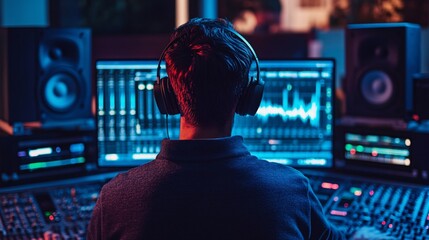 A focused sound engineer wearing headphones, analyzing sound waves on a laptop while surrounded by audio equipment