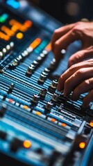 Obraz premium A close-up of a sound engineer's hands expertly manipulating faders and knobs on a digital audio mixer