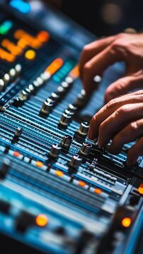 A close-up of a sound engineer's hands expertly manipulating faders and knobs on a digital audio mixer