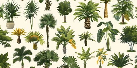 Colorful minimalistic illustration of kitan palm trees in a lush arrangement
