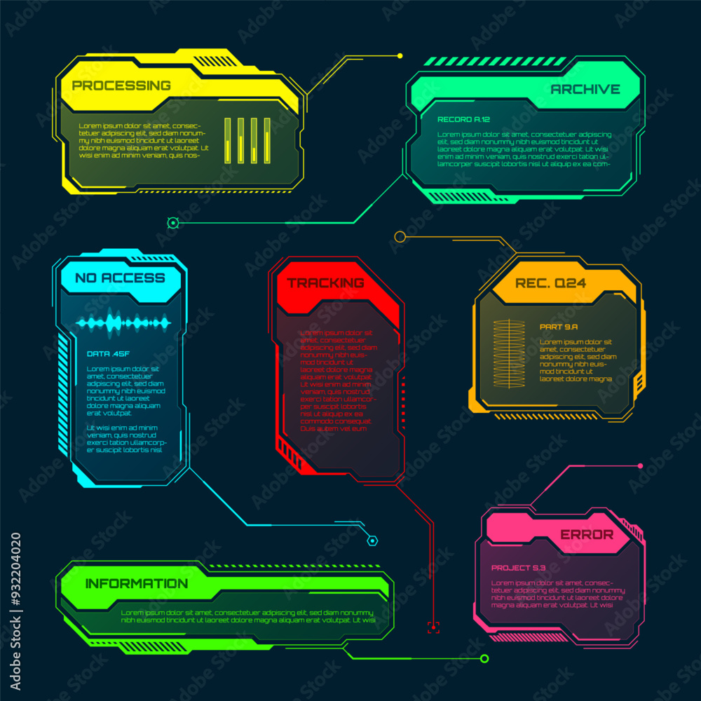 Poster futuristic hud or ui elements. sci-fi user interface text boxes, callouts. colorful warning message 