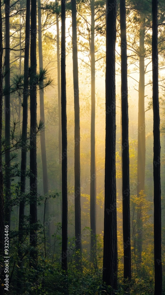 Poster dense forest with sunlight filtering through trees