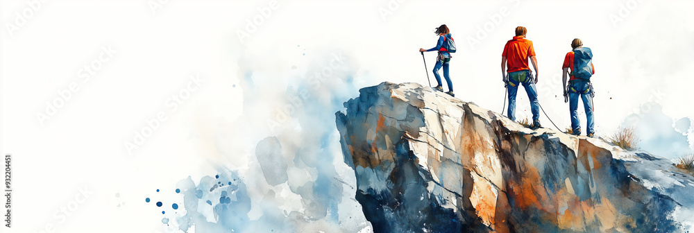 Canvas Prints Watercolor painting of a man and woman climbing a rock.