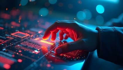 A close-up of a red rose bud with water droplets on its petals, surrounded by a blurred blue and purple background