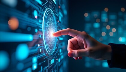 A hand reaching towards a futuristic digital interface with glowing blue and red elements, suggesting advanced technology and innovation