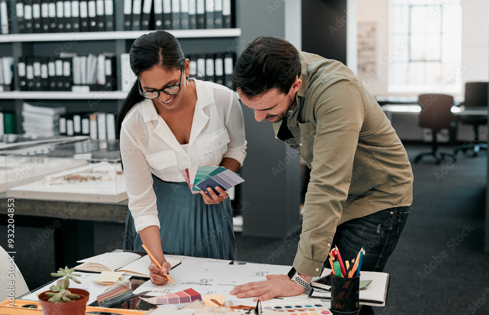 Poster woman, man and architecture with color spectrum at office, teamwork and decision for paint sample. p