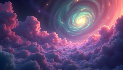 Fototapeta premium Swirling galaxy with vibrant pink and blue clouds, surrounded by a starry night sky