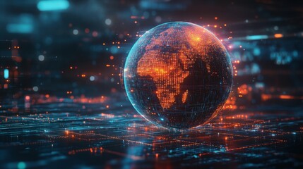 A close-up, angled view of a futuristic globe, partially illuminated with intricate digital network lines wrapping around its surface
