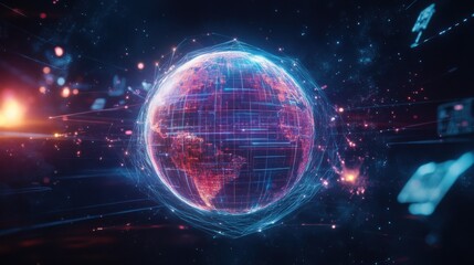 Obraz premium A close-up, angled view of a futuristic globe, partially illuminated with intricate digital network lines wrapping around its surface
