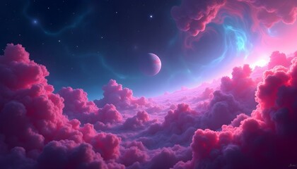 Fototapeta premium A surreal, dreamlike night sky with vibrant pink and blue clouds, crescent moons, and a starry background