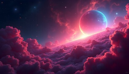 Obraz premium A surreal, dreamlike landscape with a glowing red planet or moon in the sky, surrounded by swirling, vibrant pink and purple clouds against a dark, starry background