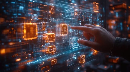 Fototapeta premium Human Hand Interacting with Digital Interface in Futuristic Technology Environment