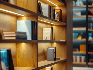 A Modern Bookshelf with Warm Lighting and a Variety of Books