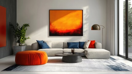 Modern Living Room with Orange Accents, Large Artwork, and Contemporary Decor