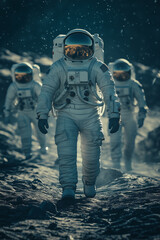 Astronaut walks on the surface of a planet in space.