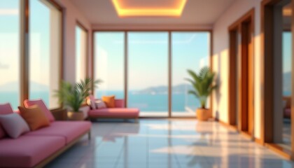 A modern living room with large windows overlooking a scenic ocean view. The room has a minimalist design with a pink sofa, potted plants, and a glass coffee table on a polished concrete floor. 