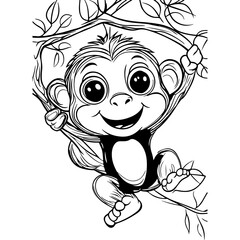 Coloring page for kids, a cute baby monkey hanging on a tree branch. Cute kawaii monkey cartoon character coloring page vector illustration.