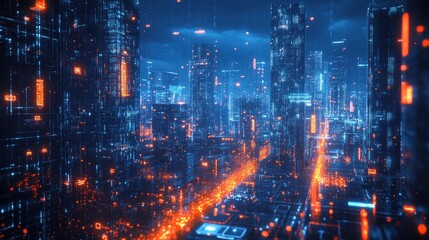 Obraz premium Futuristic Cyberpunk Cityscape with Neon Lights and Digital Elements at Night