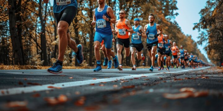 Runners sprint to the finish line in an autumn marathon through a tree-lined path