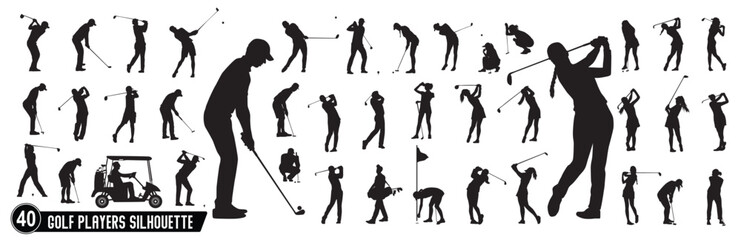 Golf player silhouette, male and female golf player silhouettes.
