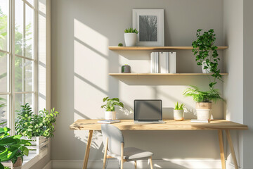 Modern home office interior with laptop and sunlights