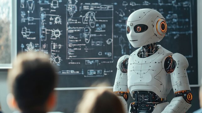AI Robot Teaching Class in Futuristic Classroom with Chalkboard and Students