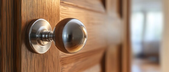 Close-up of a Polished Chrome Door Knob on a Wooden Door