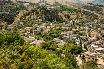 Beautiful Scenery of Green Hilly Gjirokastër. Outdoor View of UNESCO Town in Southern Albania.