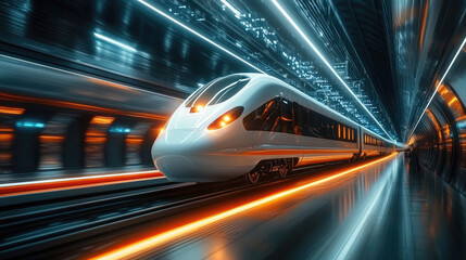Fototapeta premium Futuristic High-Speed Train in Motion through an Illuminated Underground Tunnel