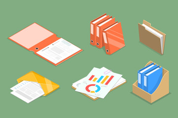 3D Isometric Flat Vector Set of Folders With Files, Business Paperwork