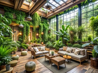 Naklejka premium A serene oasis where nature meets design, featuring lush greenery, natural materials, and earthy tones, fostering a calming atmosphere for the senses.