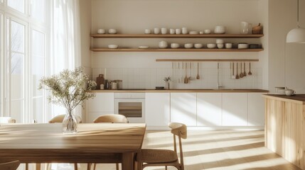 Bright Minimalist Kitchen Interior with Natural Light and Wooden Accents