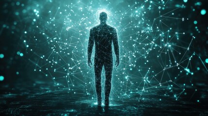 Obraz premium Silhouette of a Digital Human Amidst Glowing Network Connections and Futuristic Technology