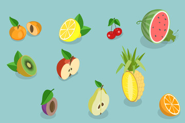 3D Isometric Flat Vector Set of Fruits, Tasty and Healthy Nutrition