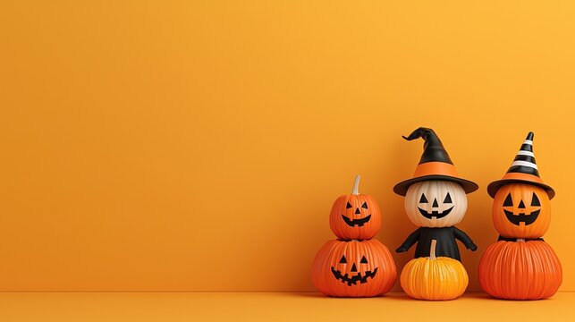 Halloween pumpkin decorating contest, kids in costumes, 3D illustration