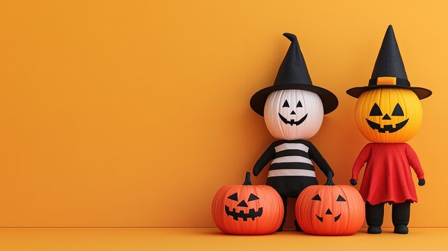Halloween pumpkin decorating contest, kids in costumes, 3D illustration