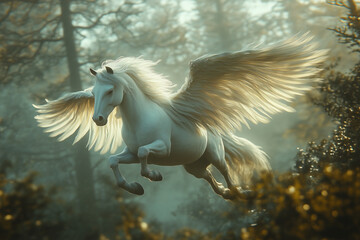Pegasus flying in the forest, The elegance of mythical creatures