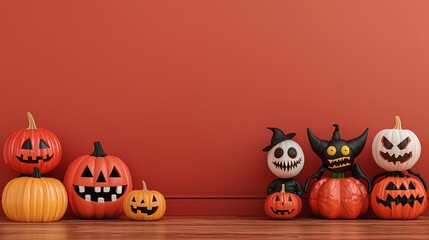 Halloween pumpkin painting, kids in monster costumes, 3D illustration