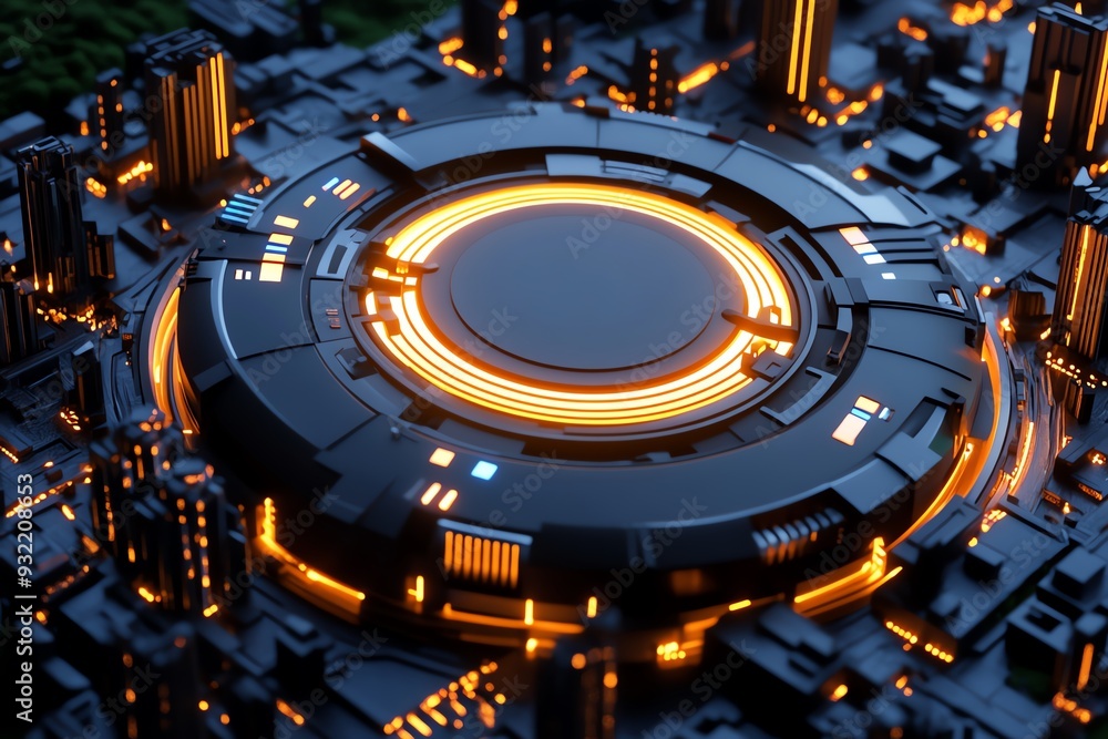 Poster A futuristic design featuring glowing circular patterns and sleek structures, ideal for technology and digital themes.