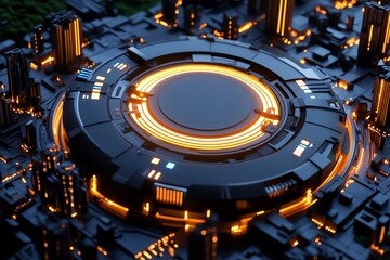 A futuristic design featuring glowing circular patterns and sleek structures, ideal for technology and digital themes.