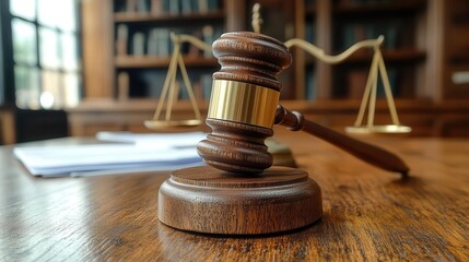 imposing judges gavel resting on polished wooden desk legal documents and scales of justice in soft focus background symbolizing law order and judicial authority