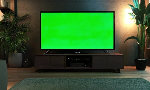 An interior tv room, a single large screen tv has blank green screen