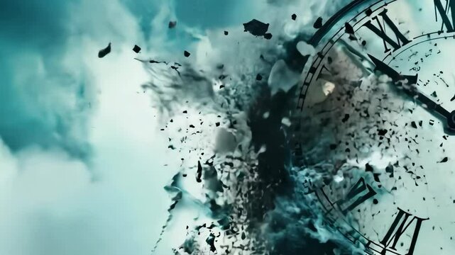A clock exploding into fragments in mid-air with dramatic lighting, captured with a zoom-out camera movement