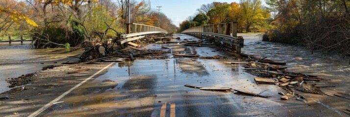 Floodwaters inundate road with debris piled against bridge, blocking passage.