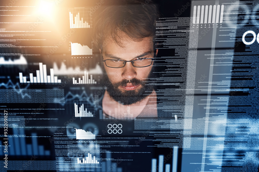 Poster Man, overlay and programming with coding, database and analysis for cyber security and software development. Male person, programmer and information technology during night for cloud computing data