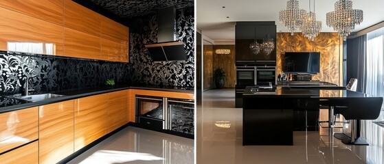 Modern Kitchen Interior with Black and Wood Cabinets and a Chandelier