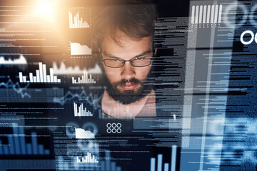 Man, overlay and programming with coding, database and analysis for cyber security and software development. Male person, programmer and information technology during night for cloud computing data