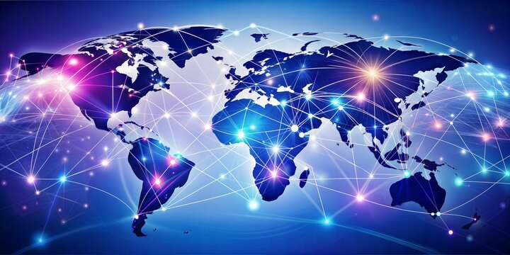 World map with glowing dots lines global communication data transfer, progress innovation sharing exchange