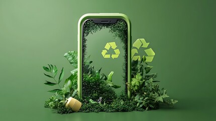 A green smartphone with a recycle symbol on its screen, surrounded by green leaves and plants on a green background.