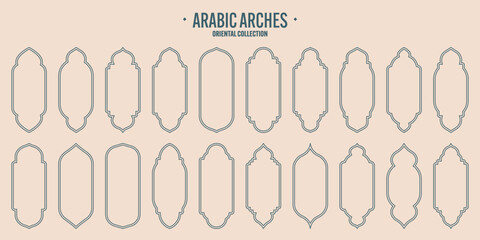 Islamic frames, oriental style objects. Arabic shapes, windows and arches. Traditional ornamental banner, frame. Muslim holidays, Ramadan Kareem. Modern eastern architecture. Vector illustration